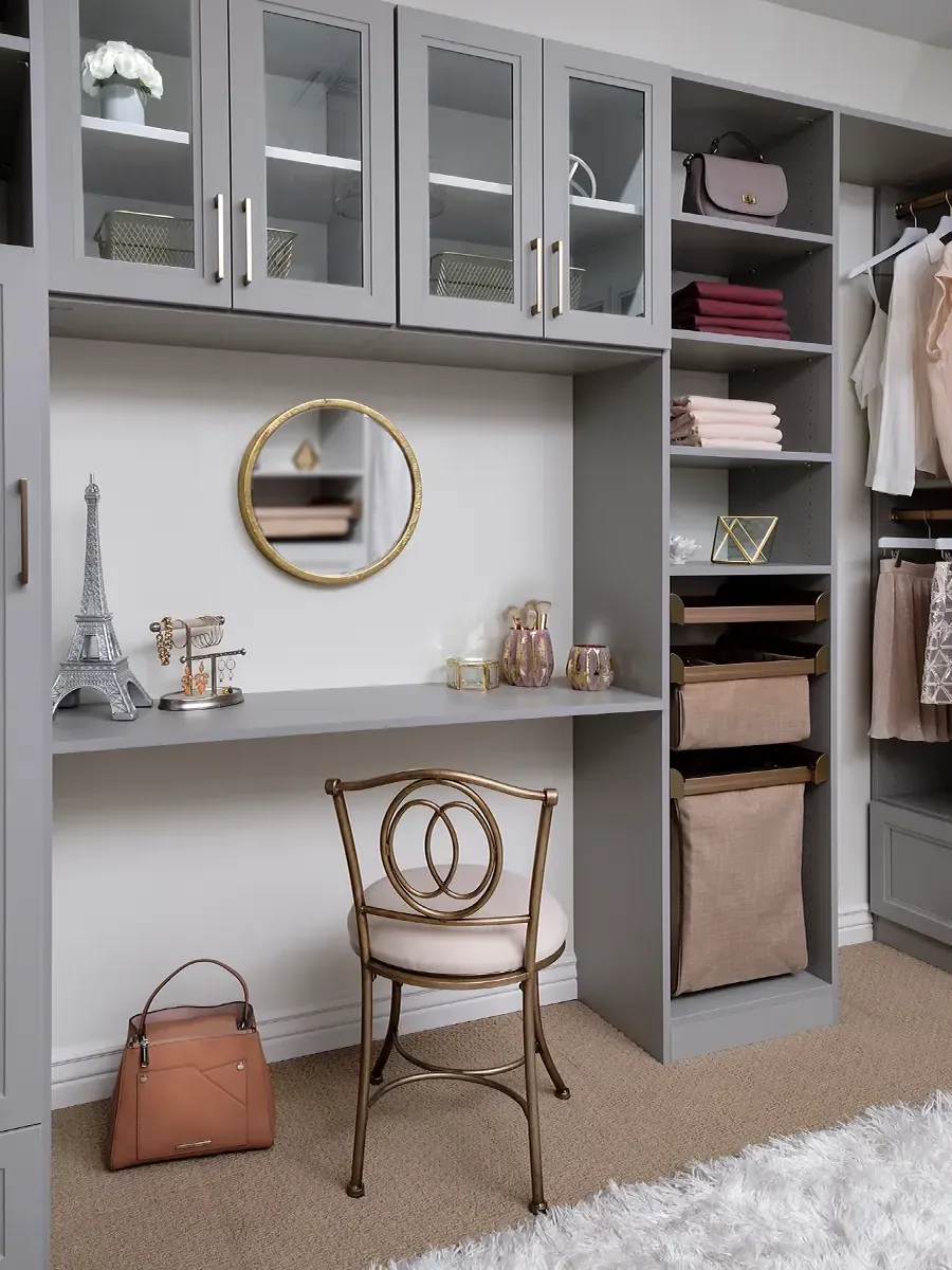Walk-In Closets with desk and glass shelves